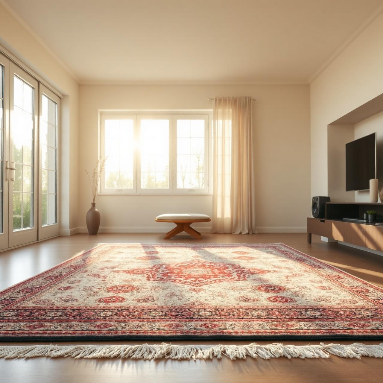 Beautiful clean Persian rug in a sunlit modern living room